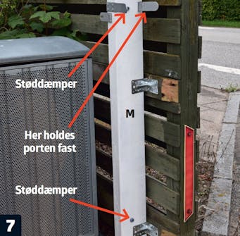 Skydeport: Portfanget gøres fast til hegnet. Skydeport: Portfanget gøres fast til hegnet.